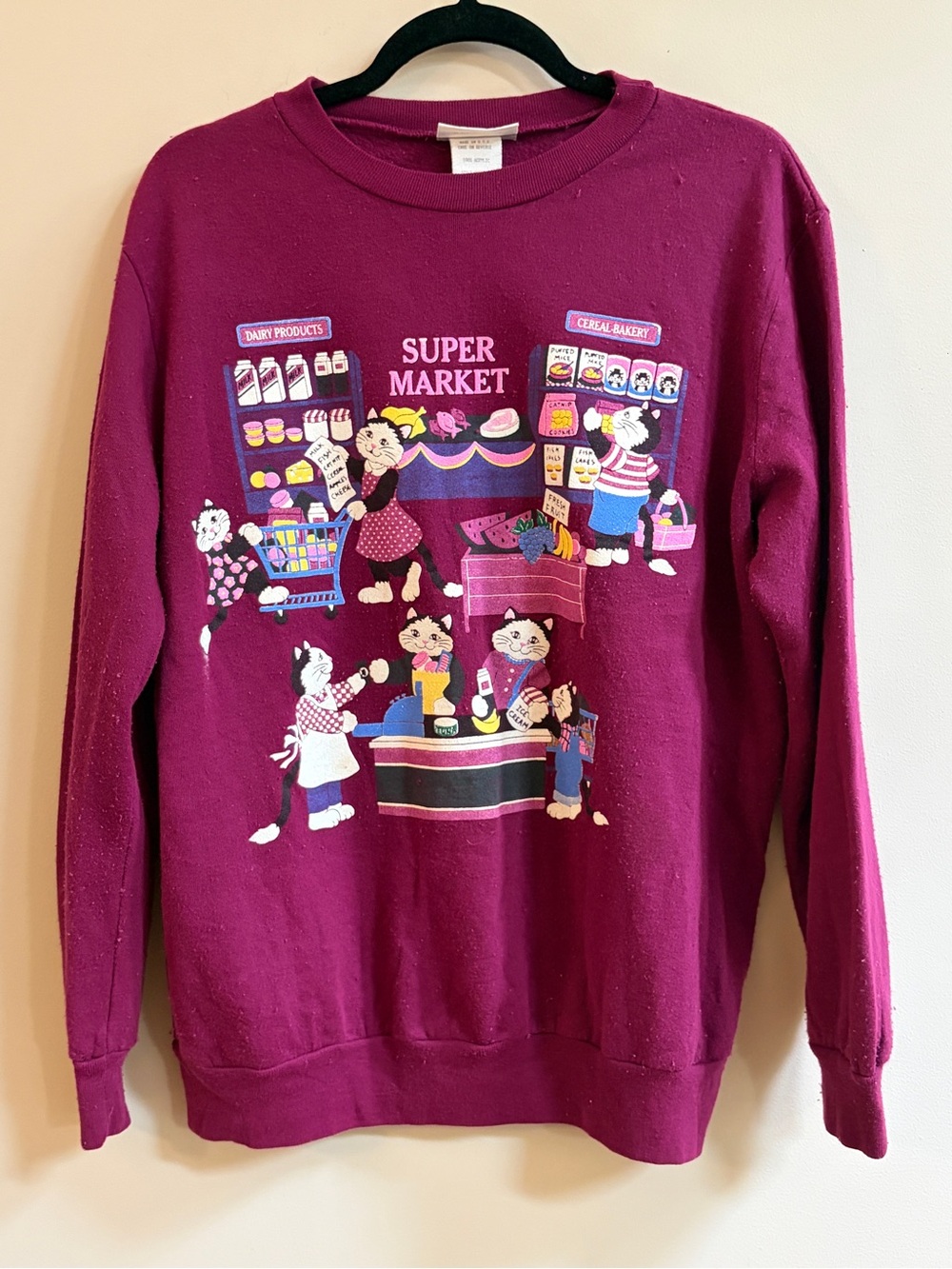 Scarab San Francisco USA Vintage Kitty Cat Super Market Long Sleeve Sweater Top